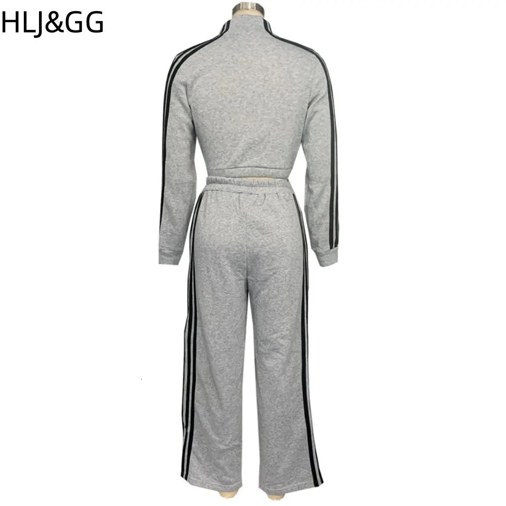 HLJ GG Casual Stripe Print Wide Leg Pants Tracksuits Women Zip Long Sleeve Coat And Pocket Straight Two Piece Sets Outfits 241029