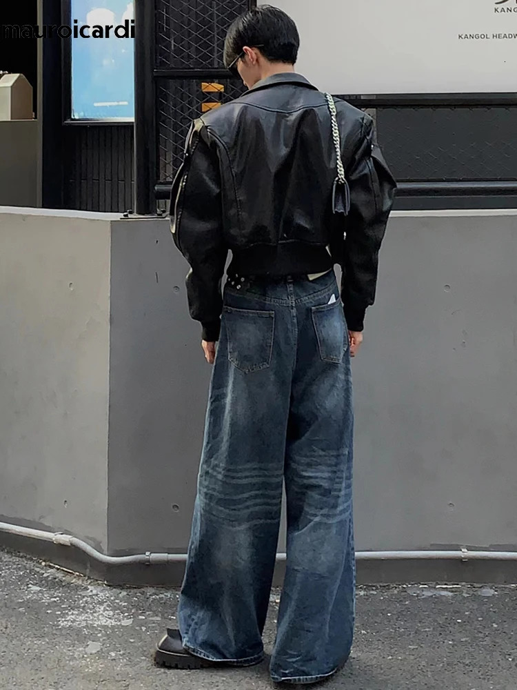 Mauroicardi Spring Autumn Cool Waterproof Black Pu Leather Jacket Mens Shoulder Pads Long Sleeve Zipper Clothing 241031