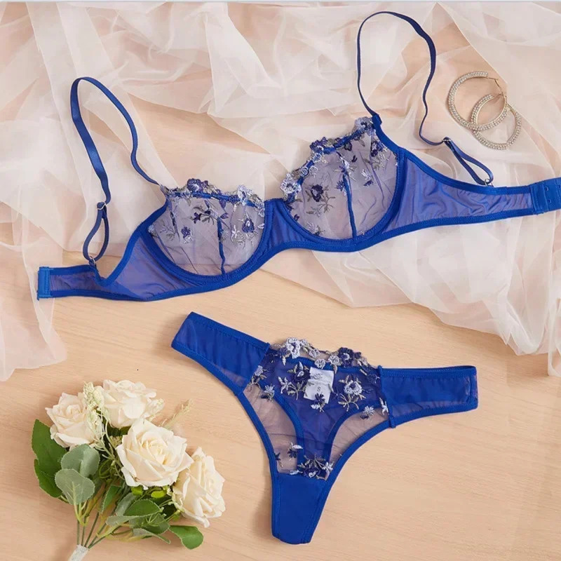 Bra Brief Set Woman 2 Pcs Lingerie Sexy Floral Embroidery Underwear Mesh Intimate Transparent Lace Short Skin Care Bralette Kits 241031