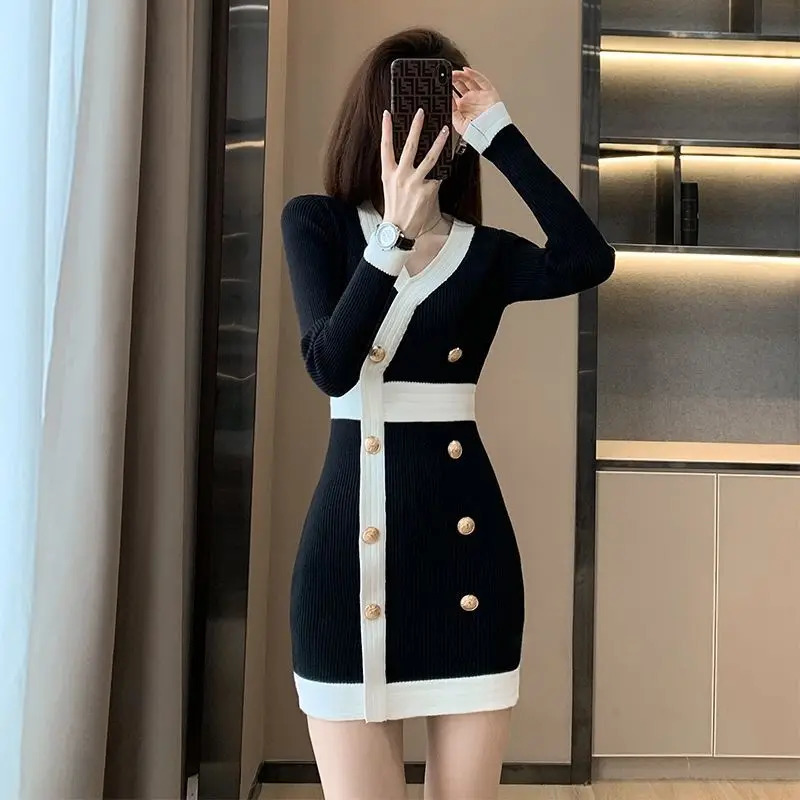 Female Knit Dress Color Matching V Neck Bodycon Short Womens Crochet Dresses Extreme Mini in Elegant Chic Autumn and Winter 241031