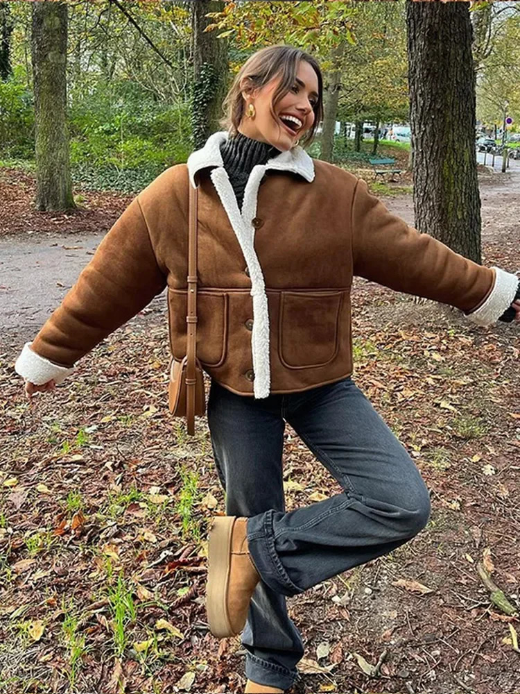 Womens caramel cashmere patch work suede coat retro single chest long sleeved pocket jacket winter thick warm womens coat 241031