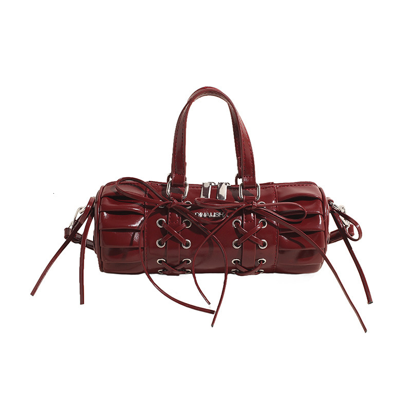 Punk rivet motorcycle women's minimalist style, drawstring, bow tie, stick bag, sweet, cool, spicy girl, hand-held dinner bag