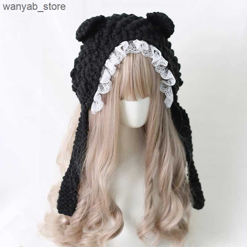 Wide Brim Hats Bucket Hats Knit Beanie Hat Cute Animal Ears Lace Decor Winter Caps Knitted Hats Photograph Props for Kids Adults Women Girls L240910