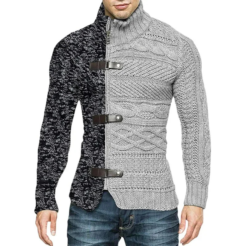 Autumn Winter Mens Sweatercoat Patchwork Turtleneck Cardigan Man Casual Knitted Slim Fit Long Sleeve Fashion Sweater Outerwear 241029
