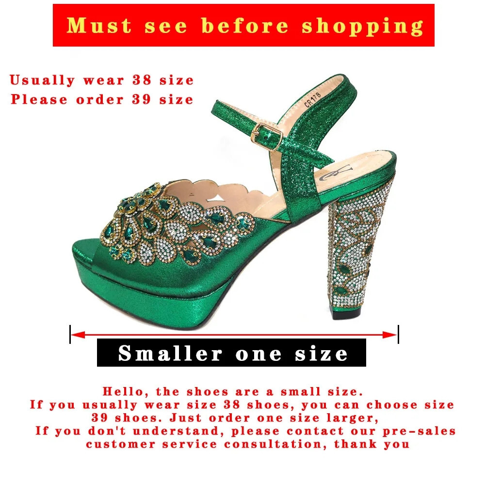 Pointed Selg Heels For Women 2024 Elegant Party Green Color Full Dia Pumps Italian Shoes And Bags Matching Set 241110