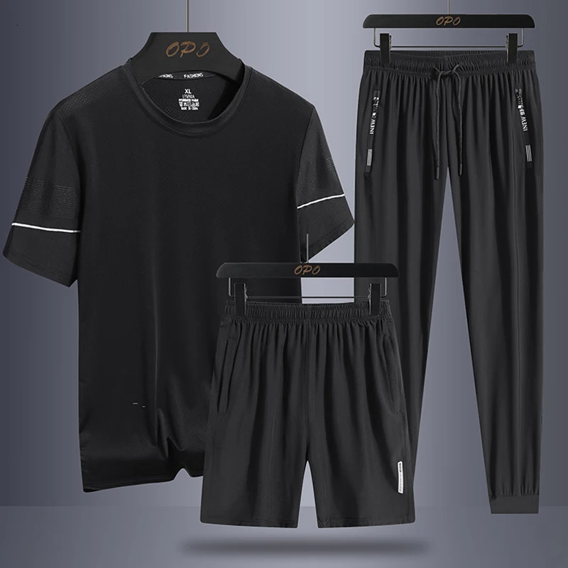 Mens and womens summer striped sports set outdoor ice silk running thin pullover Tshirt three piece basketball suit 241024