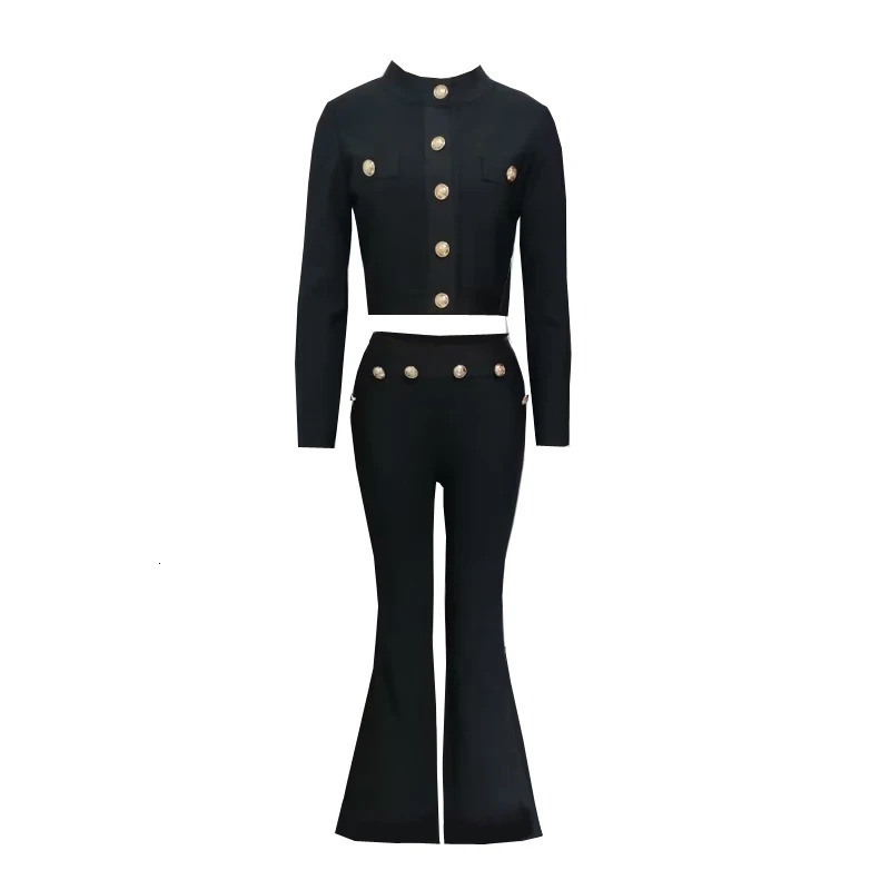 Womens autumn long sleeved gold button elastic bandage black top long pants casual holiday fashion set 241031