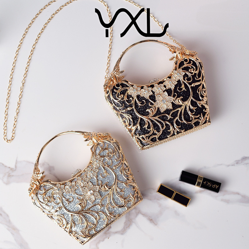 New black luxury hollowed out design paired with opponent's handheld shiny banquet bag