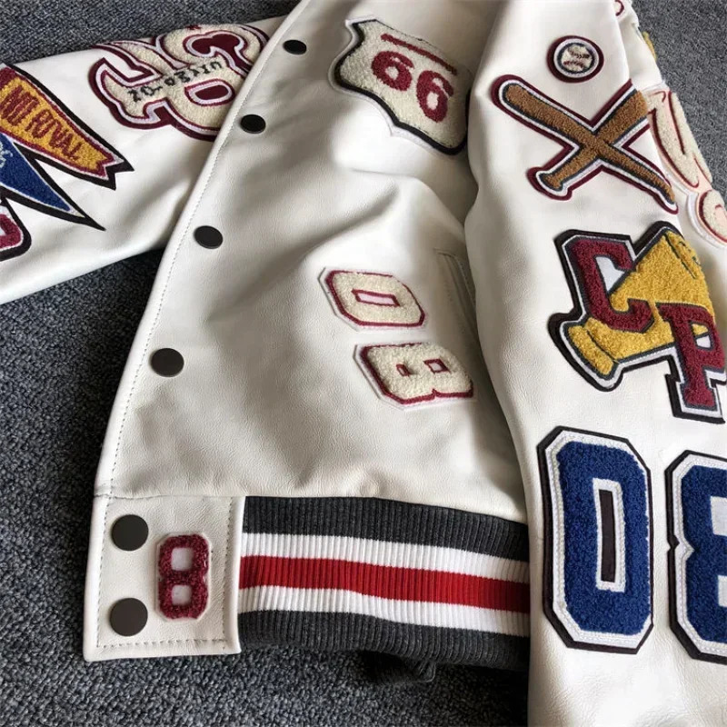 Mens spring and autumn baseball uniform Y2K retro trend leather jacket heavy industry embroidery white short coat ins 241031