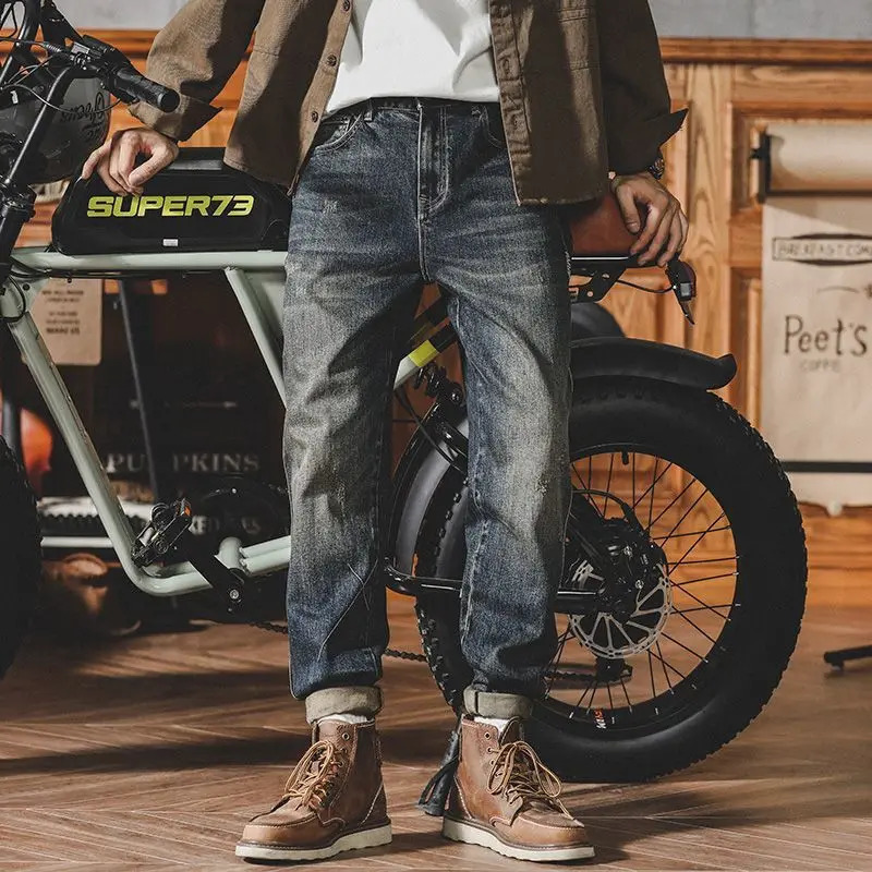 Mens Jeans Motorcycle Trousers Tapered Man Cowboy Pants Stretch Elastic Goth Korean Fashion Summer Denim Aesthetic Style 241024