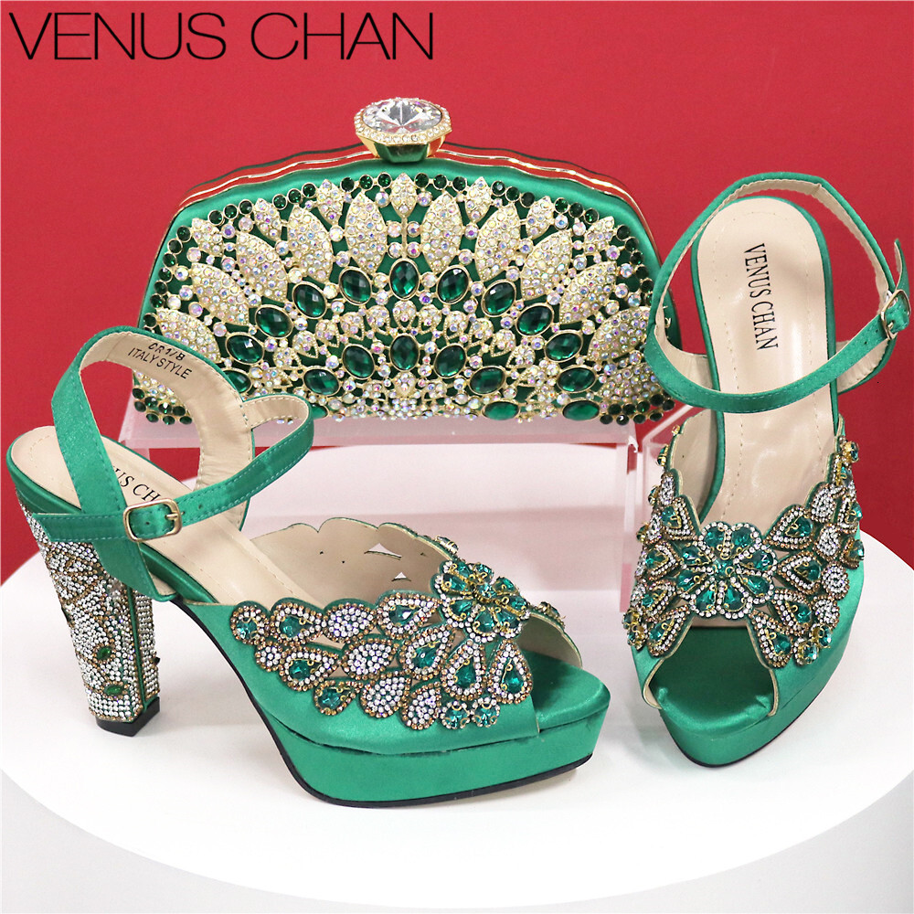 Pointed Selg Heels For Women 2024 Elegant Party Green Color Full Dia Pumps Italian Shoes And Bags Matching Set 241110