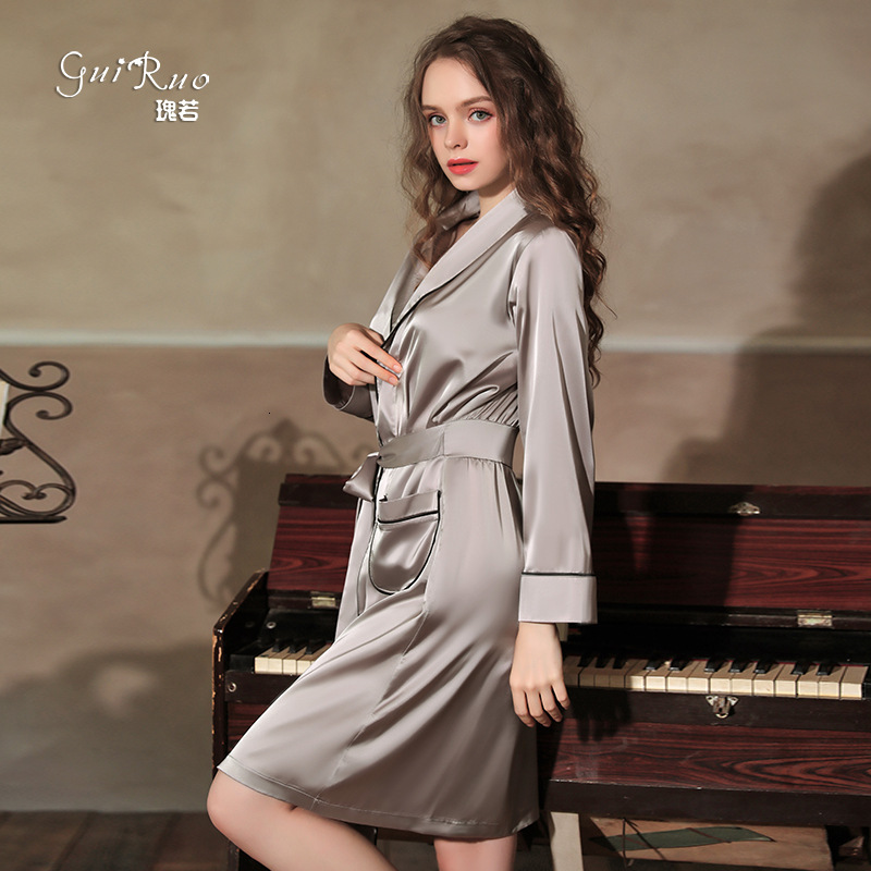 New designer brand spring and summer home frenzy sexy deep V imitation silk private room long pajamas bathrobe set