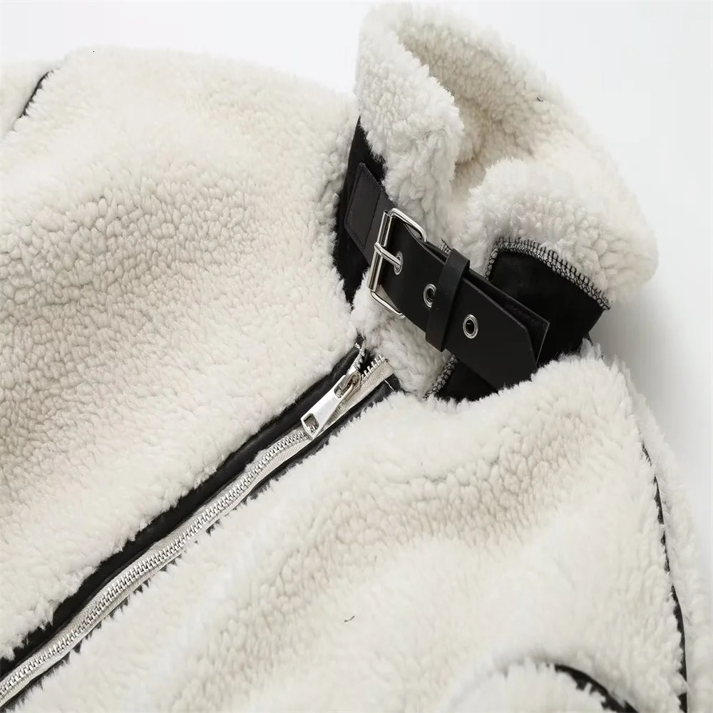 PB ZA 2023 Autumn Womens Wear European and American Style Casual Fur One Piece Lamb Wool Contrast Color Plush Warm Jacket C 241024