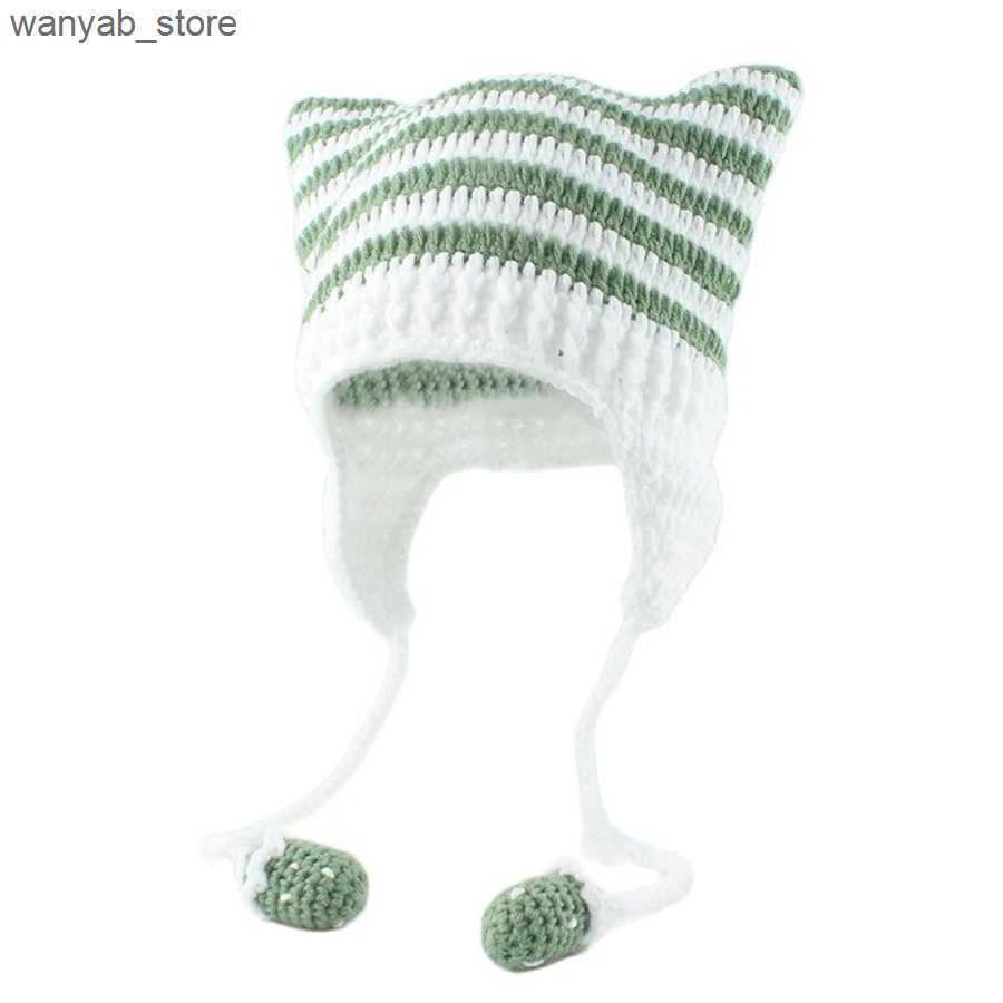 Wide Brim Hats Bucket Hats Autumn Winter Skullies Beanies Cute Women Cat Ears Knitted Hat Handmade Crochet Earflap Costume Beanie Hats Girls Hip-hop C