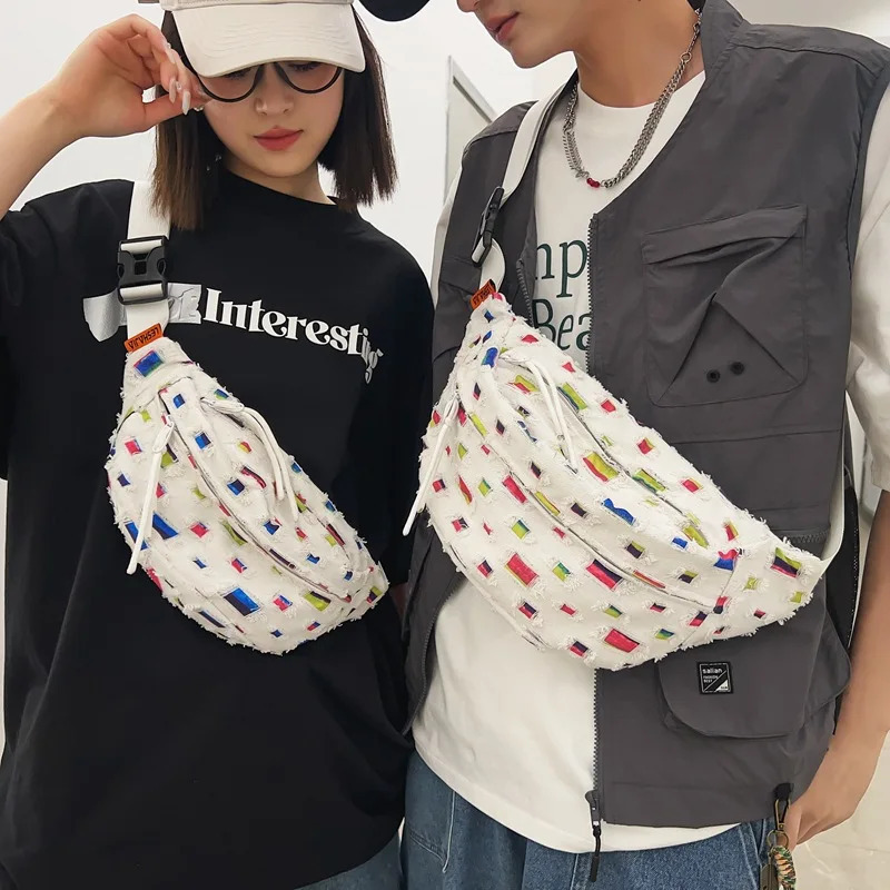 cracked hole hip-hop punk Fanny bag mens large capacity canvas single shoulder cross body bag 241031