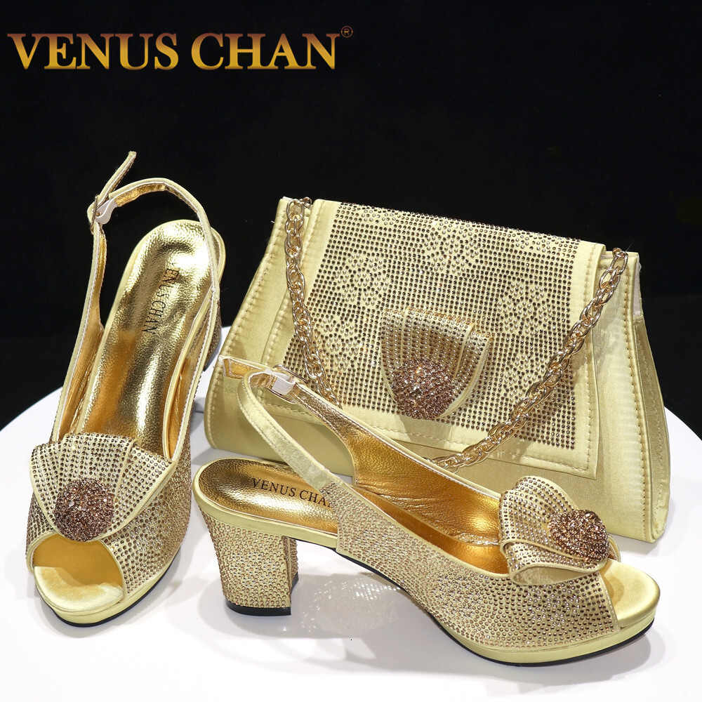 Venus Chan 2024 Italian Design Girly Style Golden Color Wedding Shoes And Bag Full Dia Decoration Metal Closure Bags 241110
