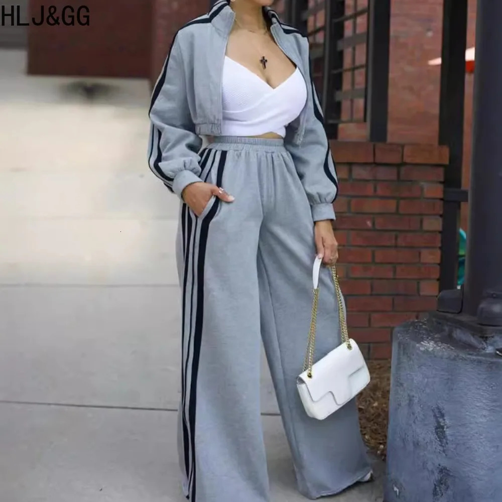 HLJ GG Casual Stripe Print Wide Leg Pants Tracksuits Women Zip Long Sleeve Coat And Pocket Straight Two Piece Sets Outfits 241029