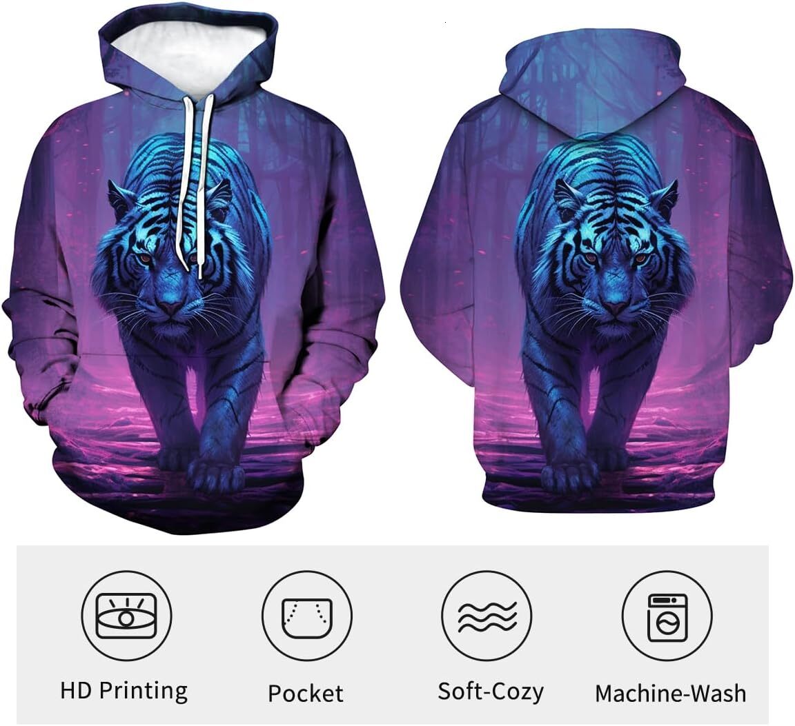 Hoodie for Mens Womens Mens Tiger Hoodie - Animal Theme, Realistic Graphic Sweatshirt Graphic Hoodies sweatshirt Trendy Fashion