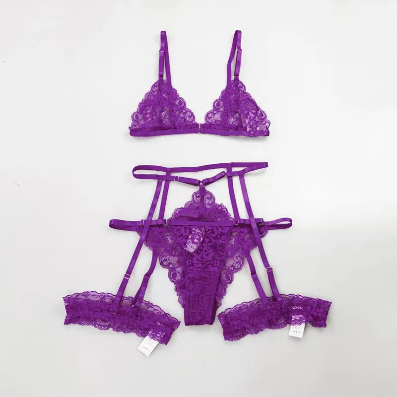 Sexy Lingerie Women Thin Transparent Lace Bra Set See Through Female Erotic Underwear 3 Piece Set Sleepwear Suit Ropa Mujer 241031