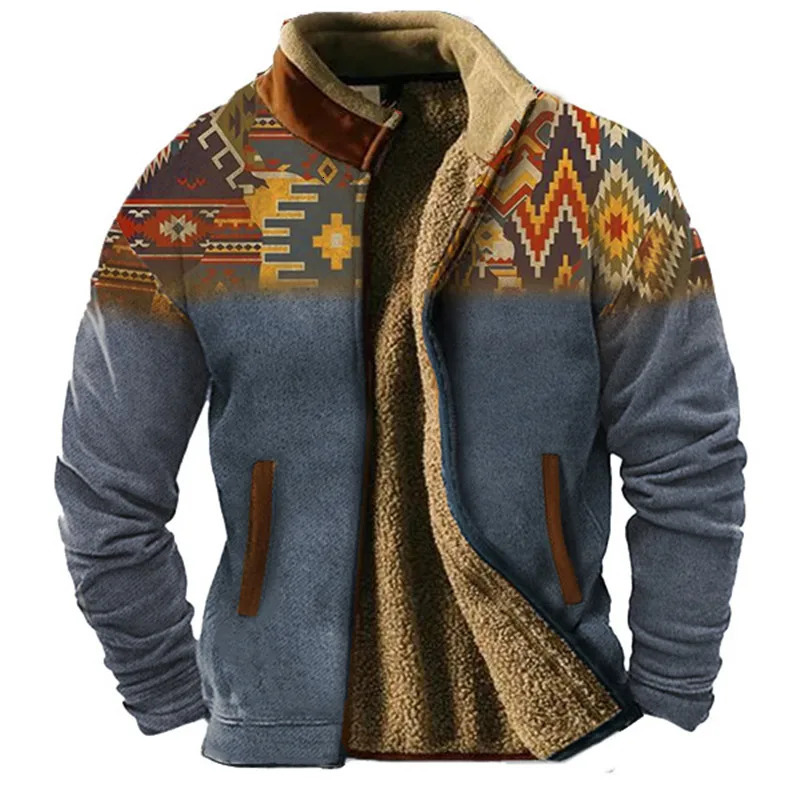Mens jacket mens jacket plush inner hair and Gallblader ethnic retro warm and comfortable celebrity style 241031