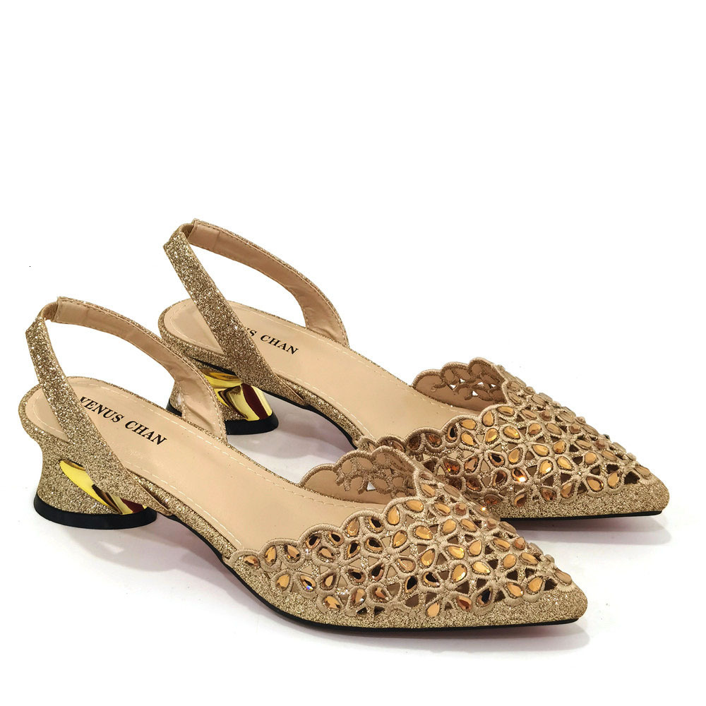 Venus Chan Low Heel For Women Hollowed Out Embroidery Rhie Italian Design Gold Color Pointed-Toe Shoes And Bags Set 241110