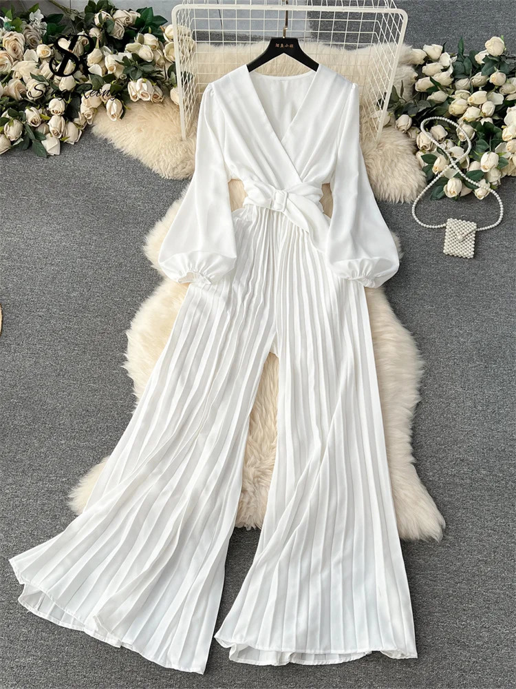 SINGREINY V Neck Jumpsuits for Women Long Puff Sleeve Belt Loose Wide Legs Pleated Pants Streetwear Fashion OL Bodysuits 241031