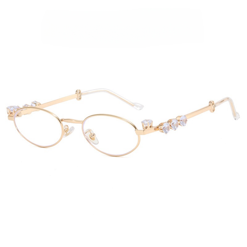 8803 Diamond encrusted oval metal eyeglass frame with pearl small frame, natural looking flat mirror frame