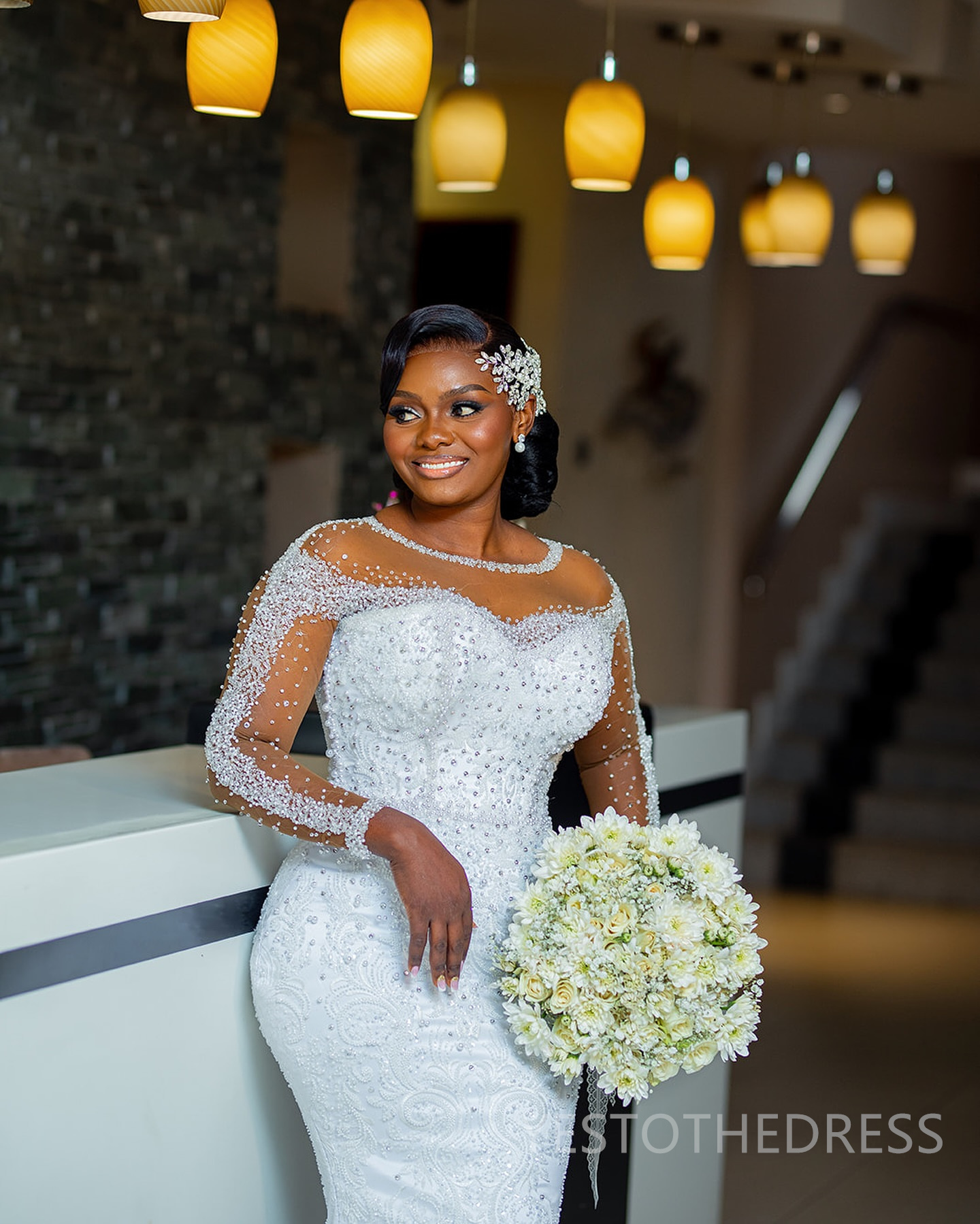 2024 Plus Size African Mermaid Wedding Dress Detachable Train Bridal Gowns For Bride Illusion Sheer Neck Long Sleeves Beaded Lace Wedding Gowns For Bl