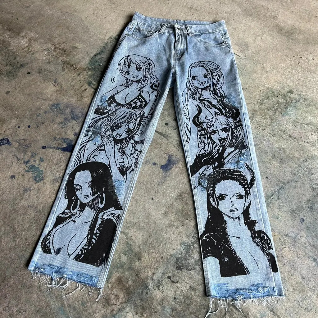 Harajuku Japanese anime printed luggage jeans wide leg Trouser streetwear Y2k mens high waisted pants
