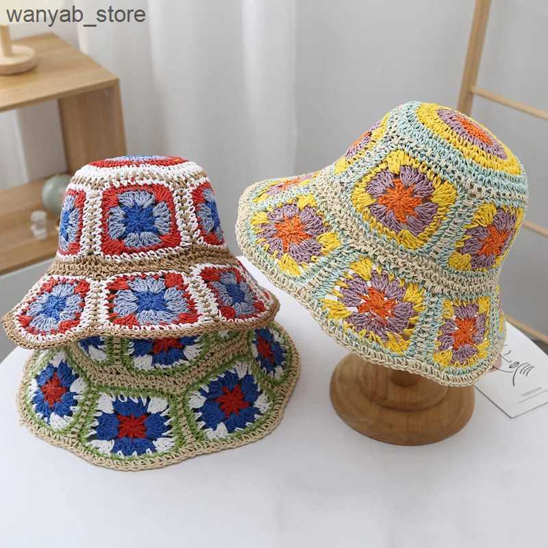 Wide Brim Hats Bucket Hats Japan Korea Crochet Beach Straw Hat For Women Summer Flowers Hand-woven Cap Outside Beach Sunshade Breathable Bucket Hats L