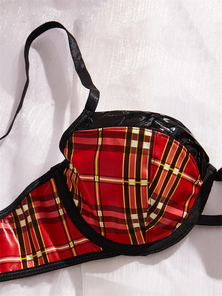Sexy Christmas Lingerie Pu Leather Bra and Panty Set Red Plaid Sexy Push Up Lingerie 4 Pieces Erotic Sets Underwear Women Fancy 241031
