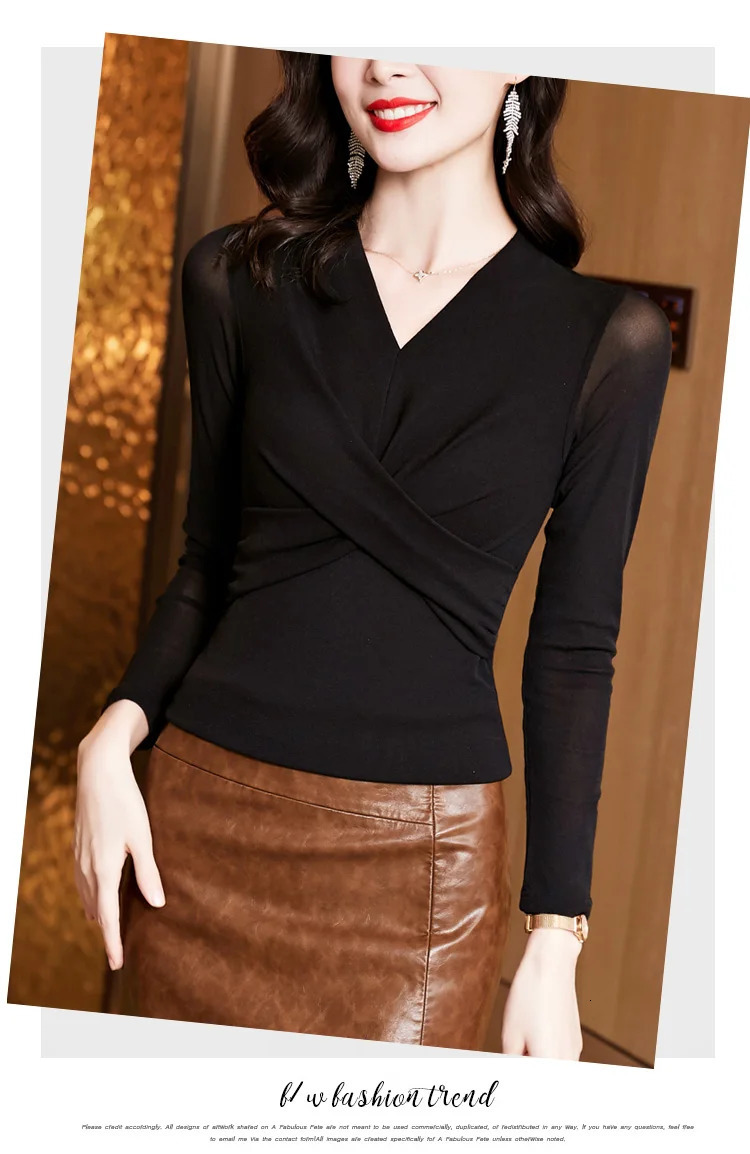 Elegant black long sleeved for womens spring and autumn cross V-neck body high stretch mesh T-shirt 241031