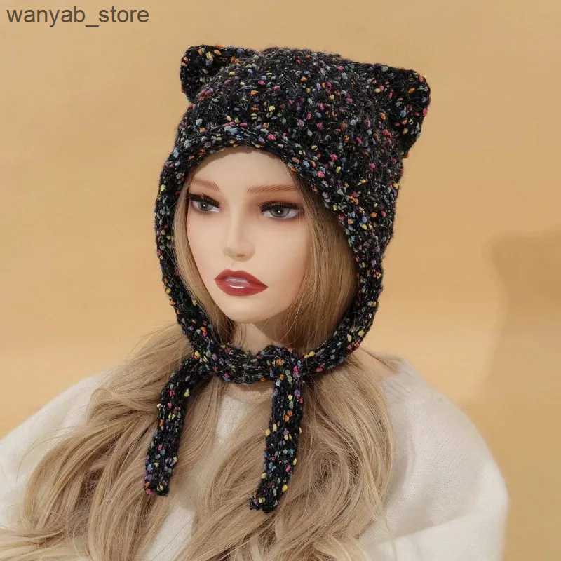 Wide Brim Hats Bucket Hats Cute Knitted Cat Ear Hat Y2K Fashion Crochet Ear Protector Wool Cap Women Winter Warm Pullover Cap Girl Wrap Head Bonnet Be