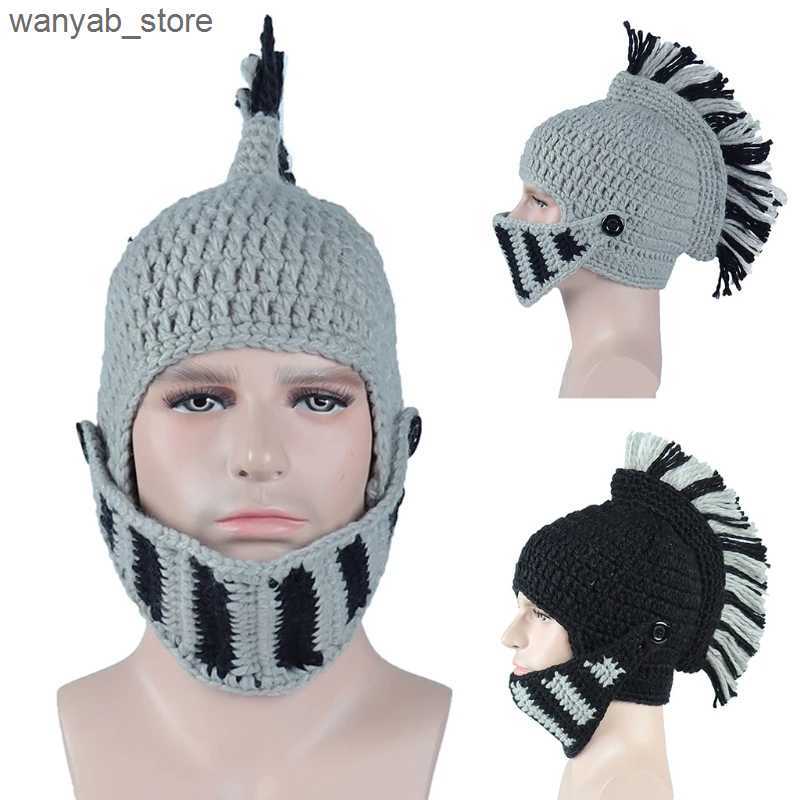 Wide Brim Hats Bucket Hats Men Women Funny Chunky Knitted Roman Knight Helmet Hat Contrast Color Tassel Barbarian Crochet Earflap Beanie Skull Cap wit