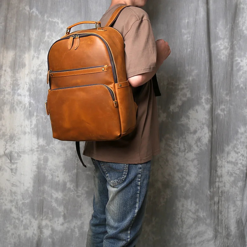 Vintage Top Layer Cowhide Backpack Made Of Genuine Leather Mens HighCapacity Computer Casual Business Travel 241029