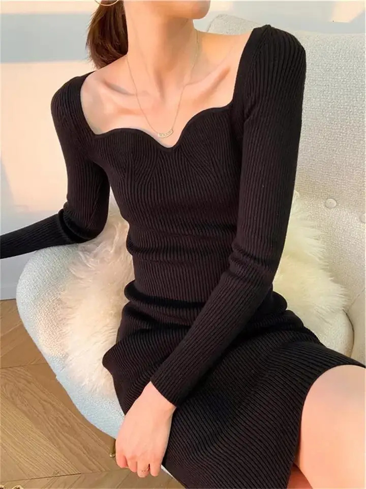 Vintage Harajuku Slim Sweater Dres Autumn Winter Long Sleeve Bodycon Knitted Midi Dresses Party Evening Club Female 241031