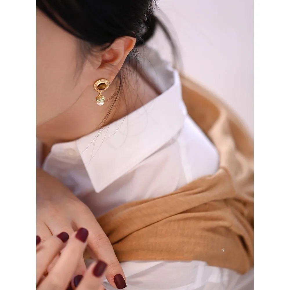 Fashion jewelry set retro 18K gold-plated tiger cat eye natural stone earrings necklace ring bracelet 241031