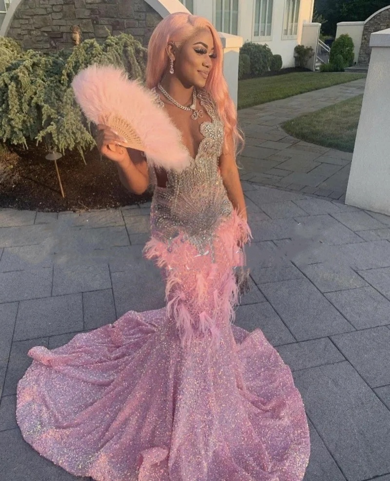Pink Sequins Mermaid Prom Dress 2024 For Blackgirl Feathers Diamond Sheer Neck Plus Size Formal Birthday Party Gowns Abendkleid