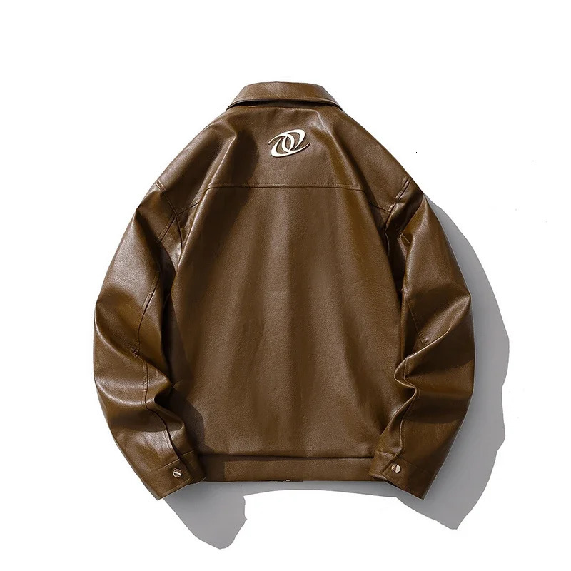 Mens artificial leather bomber jacket motorcycle lapel zipper bicycle jacket retro streetwear black brown jacket 241031