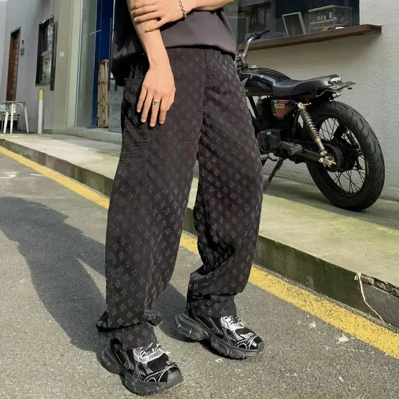 Vintage Jacquard Jeans Mens Street American Straight Wide-leg Jeans Y2K Fashion Black Pantalones Hombre Streetwear Loose Pants 241031