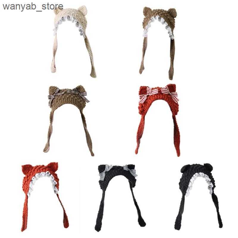 Wide Brim Hats Bucket Hats Knit Beanie Hat Cute Animal Ears Lace Decor Winter Caps Knitted Hats Photograph Props for Kids Adults Women Girls L240910