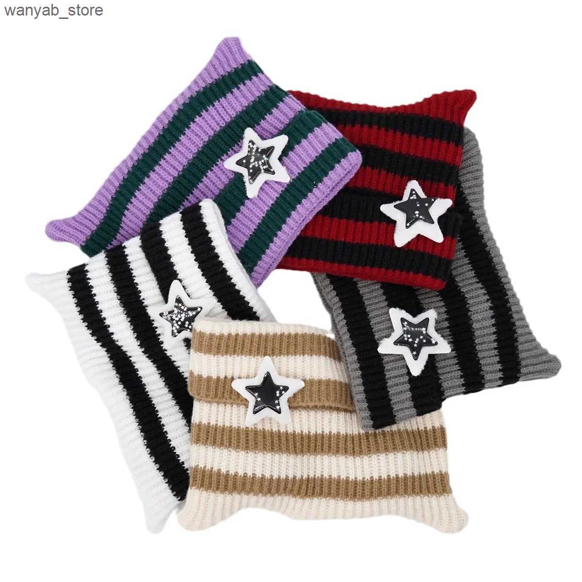 Wide Brim Hats Bucket Hats Japanese Y2K Cute Black White Striped Cat Ears Wool Hat Women Autumn Winter Warm Little Devil Hanging Ball Knitted Beanie H