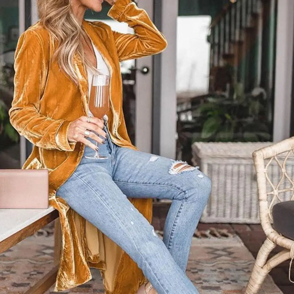 Elegant suede long windproof jacket womens solid color medium long sleeves soft open seam flannel jacket cardigan wool sweater 241031