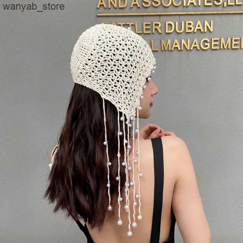 Wide Brim Hats Bucket Hats Womens Handmade Crochet Hollow Pearl Tassel Pullover Hat Retro Ethnic Style Literary Princess Hat Sexy Hot Girl Decorative 