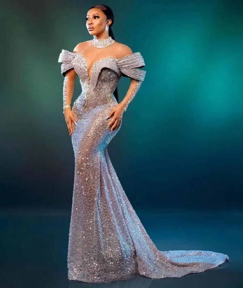 Sier Crystals Beaded Mermaid Evening Dresses African 2025 Aso Ebi High Neck Sheer Long Sleeves Ruffles Formal Party Dress Event Gala Gowns BC19057 021