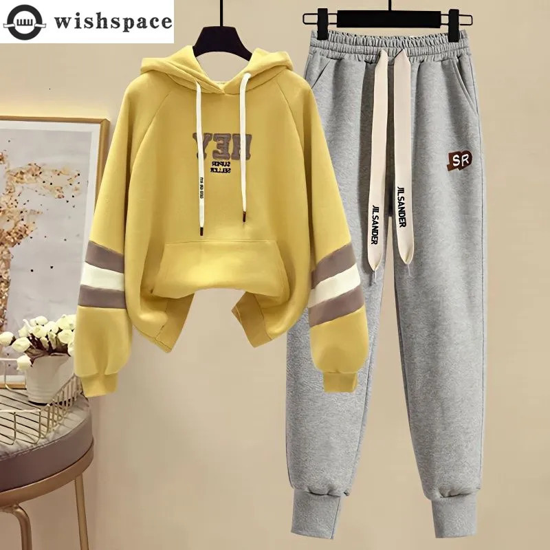Sports Set for Women in Spring and Autumn Korean Version Color Blocking Hooded Top Casual Pants Age Reducing Twopiece 241031