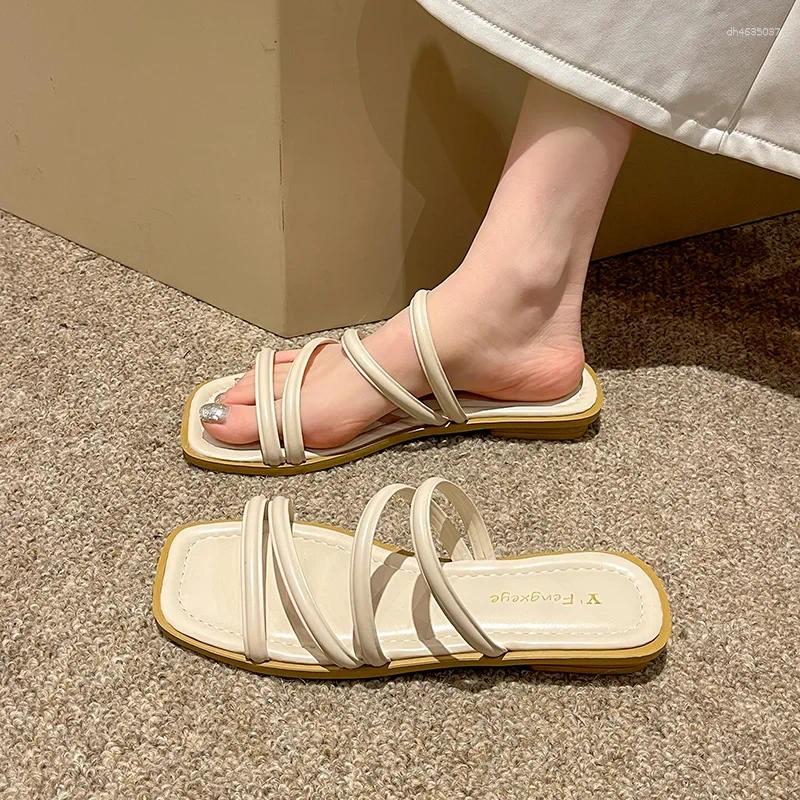 Sandals Korean Style Fashionable Square Toe Versatile Slippers Lazy Summer Large Size Flat For Women zhanyishengli