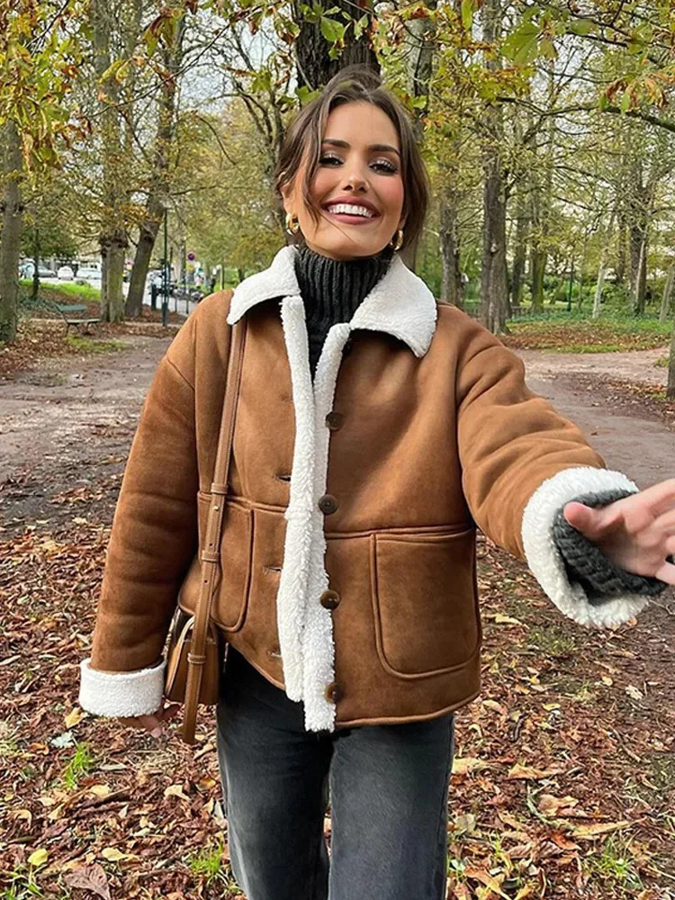 Womens caramel cashmere patch work suede coat retro single chest long sleeved pocket jacket winter thick warm womens coat 241031