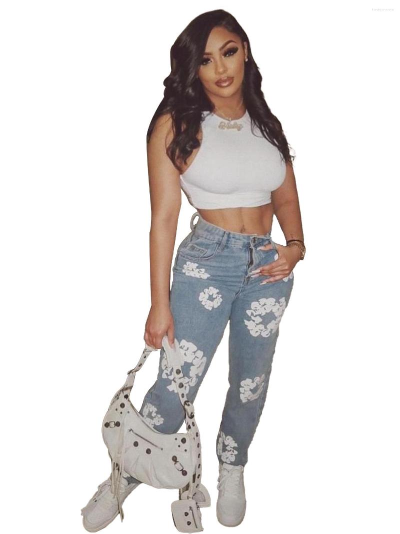 Women's Jeans s Flower Print Jean Pants Oversized Streetwear Straight Casual Men And Women Denim Trousers Z260313
