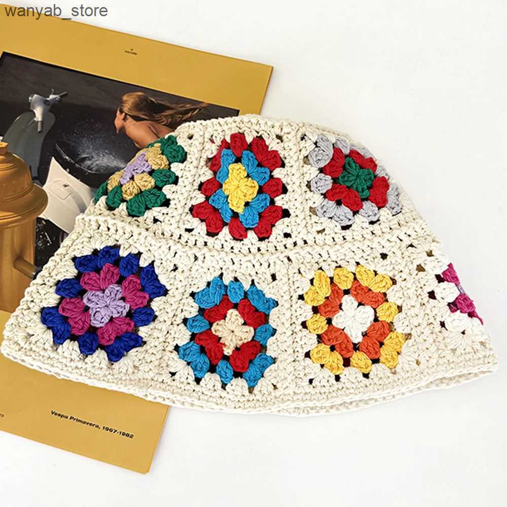 Wide Brim Hats Bucket Hats Japanese Hollow Flower Crochet Bucket Hat Bikini Knit Fisherman Hat for Women Autumn Winter Sweet Wool Beanies L240910